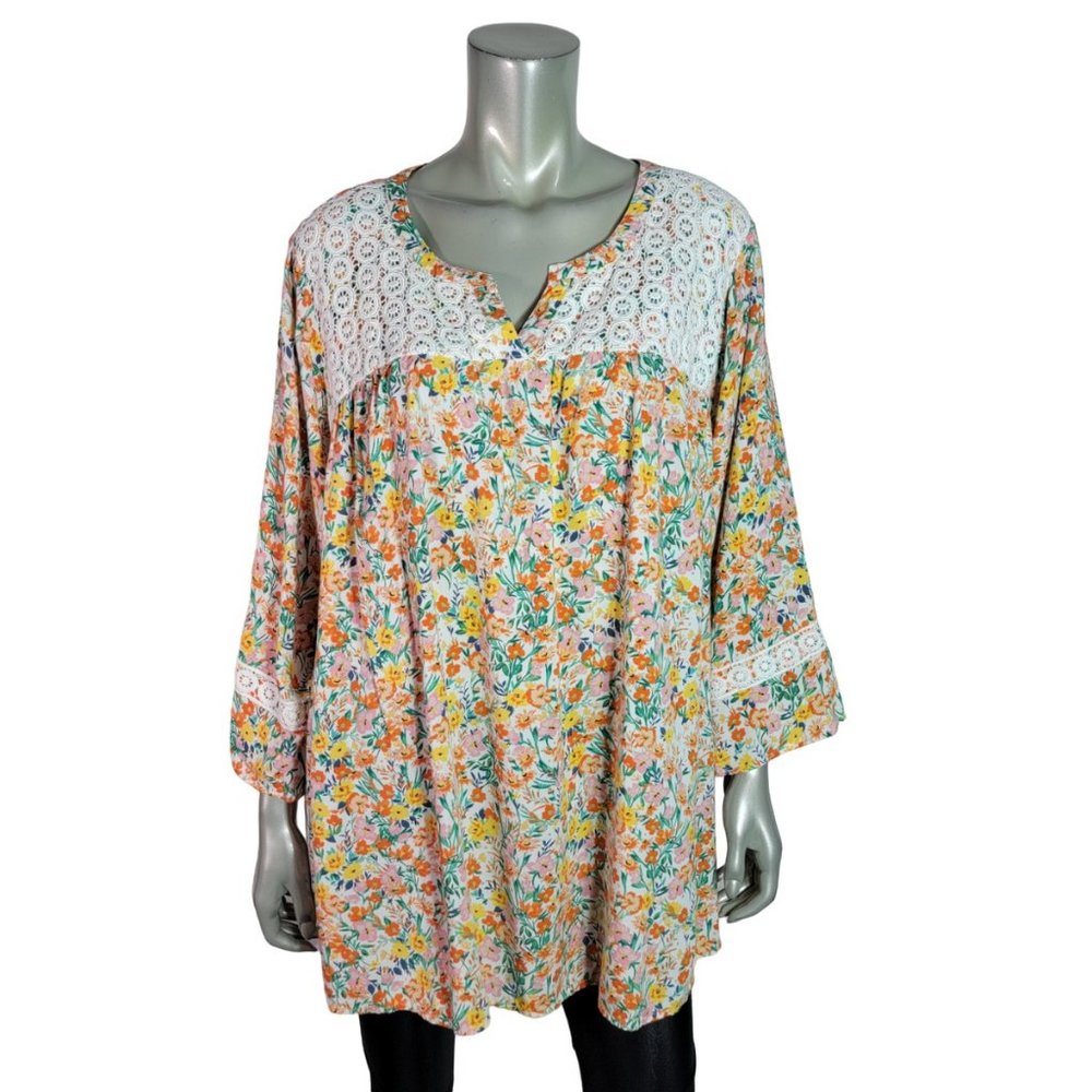 Croft & Barrow Peasant Top Plus Size 2X Floral V-Neck Lightweight Casual Orange